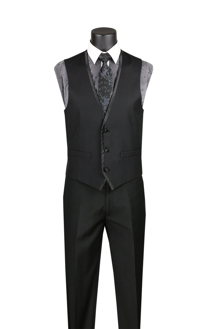 Slim Fit 3-Piece Vested Suit with Satin Trim Lapel – Black - Udine Collection - Upscale Men's Fashion