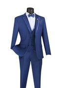 Slim Fit 3-Piece Vested Suit with Satin Trim Lapel – Blue - Udine Collection - Upscale Men's Fashion