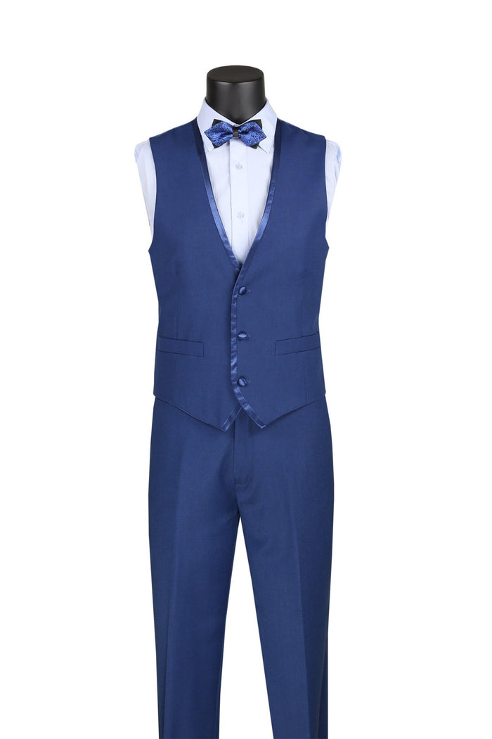 Slim Fit 3-Piece Vested Suit with Satin Trim Lapel – Blue - Udine Collection - Upscale Men's Fashion