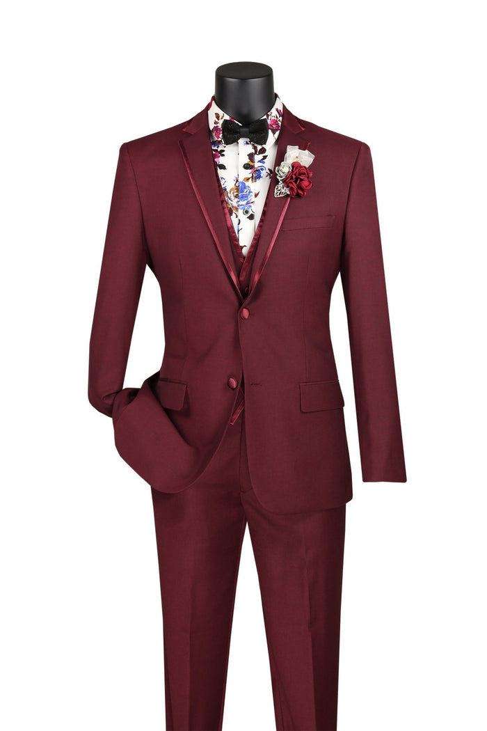 Slim Fit 3-Piece Vested Suit with Satin Trim Lapel – Burgundy - Udine Collection - Upscale Men's Fashion