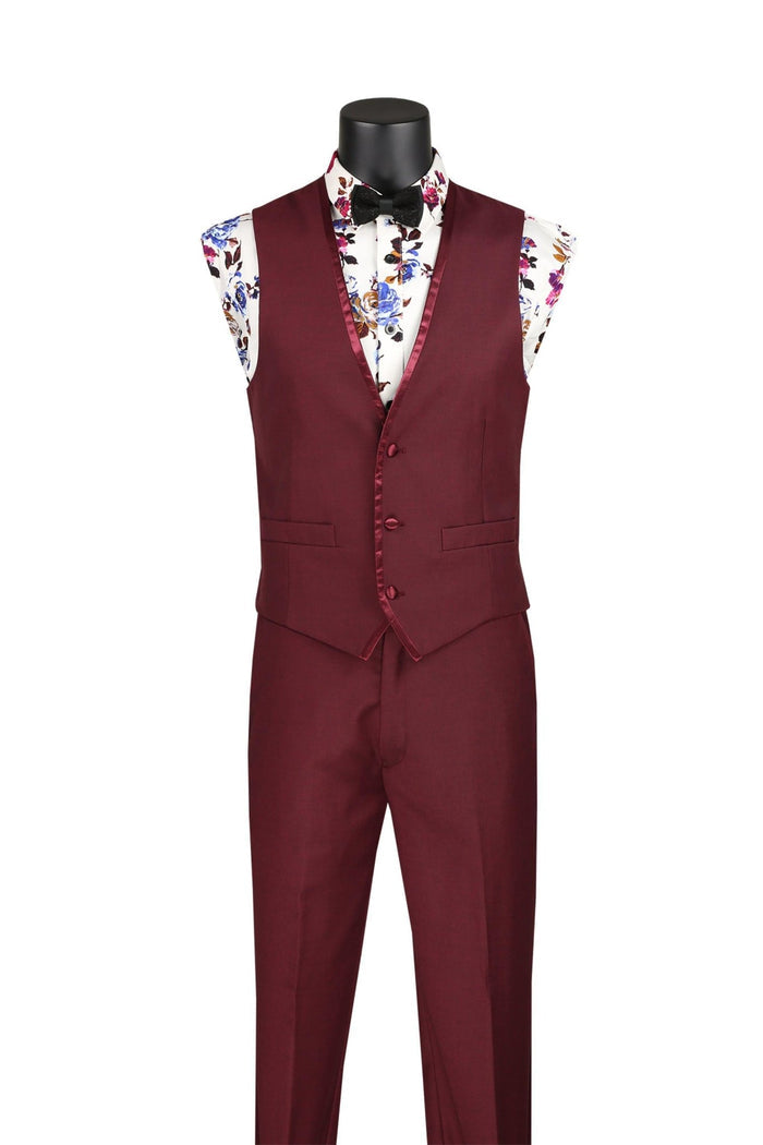 Slim Fit 3-Piece Vested Suit with Satin Trim Lapel – Burgundy - Udine Collection - Upscale Men's Fashion