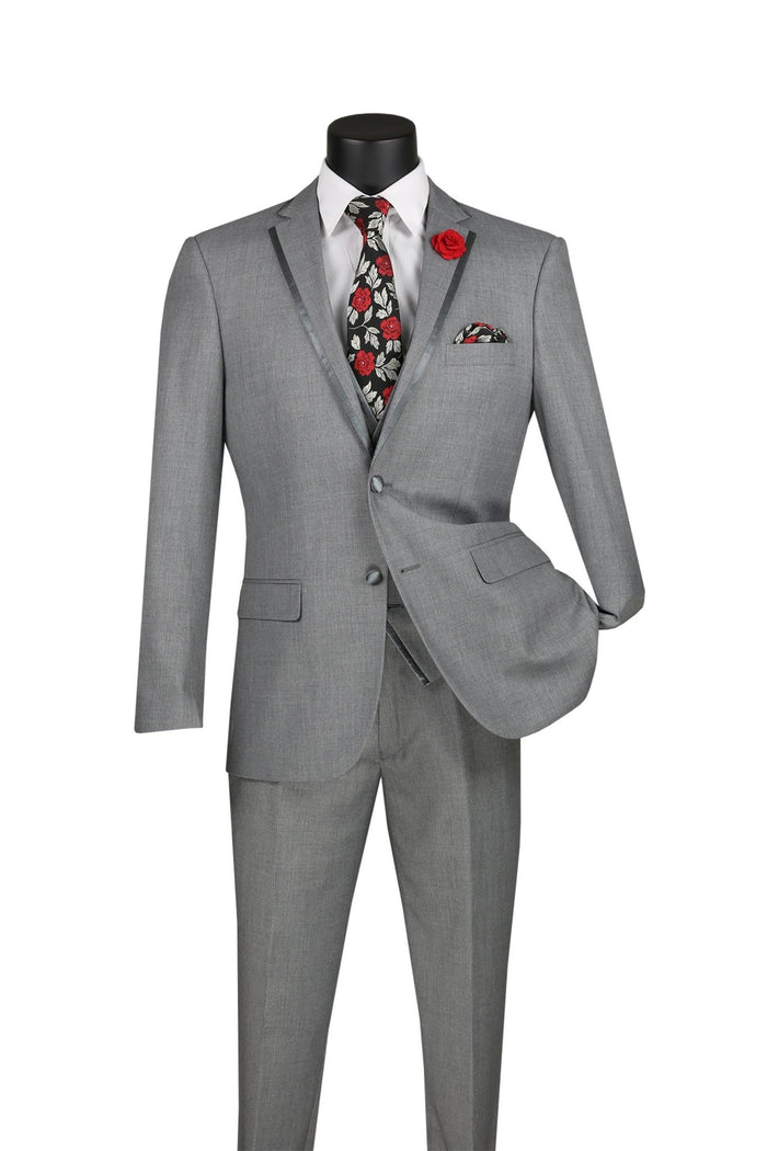 Slim Fit 3-Piece Vested Suit with Satin Trim Lapel – Light Grey- Udine Collection - Upscale Men's Fashion