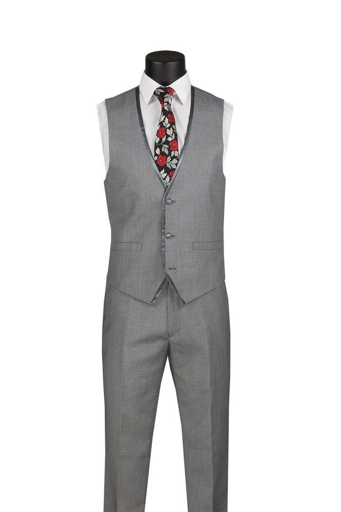 Slim Fit 3-Piece Vested Suit with Satin Trim Lapel – Light Grey- Udine Collection - Upscale Men's Fashion