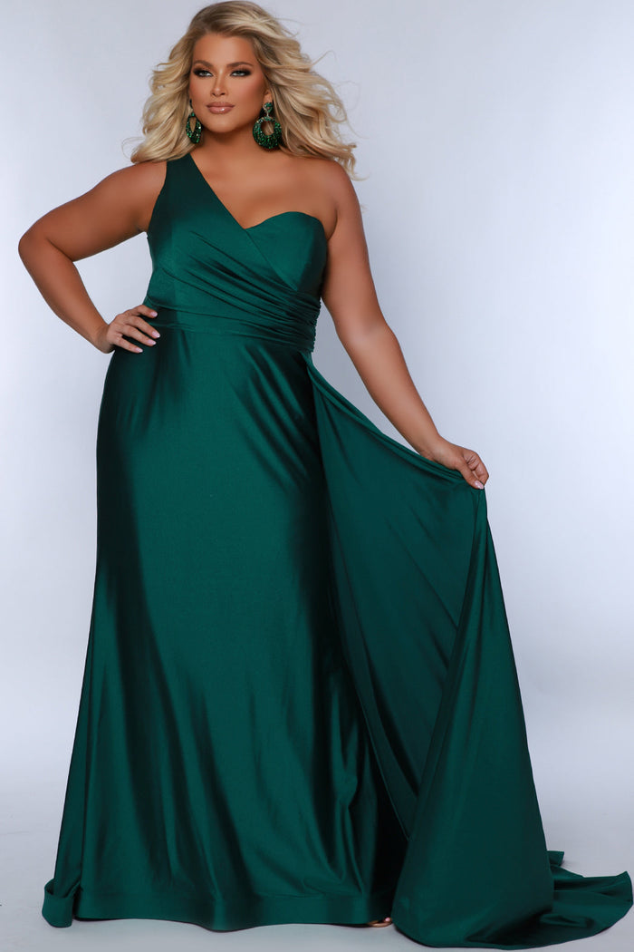 Sydney's Closet SC7377 Green. Stretch jersey over stretch knit lining, One-shoulder neckline, Ruched bodice, Natural waistline, Slim A-line skirt with train, Side fly away panel at waist, Long invisible center back zipper, Horsehair hem, Sweep train