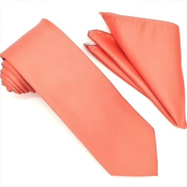 Solid Coral Tie and Hanky Set - Upscale Men's Fashion