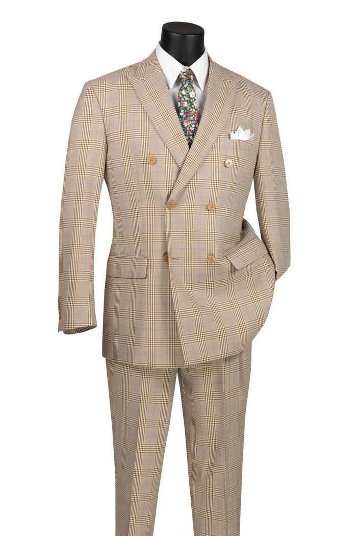 Sorrento Collection – Beige Regular Fit Glen Plaid Double Breasted Suit - Upscale Men's Fashion