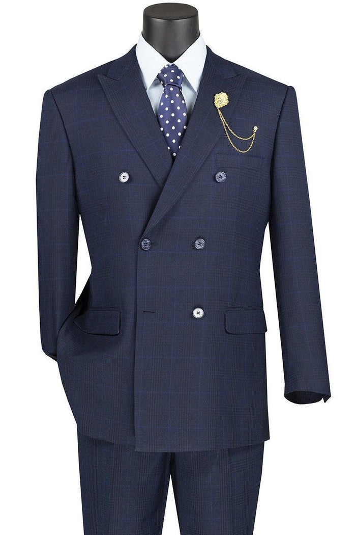 Sorrento Collection – Navy Regular Fit Glen Plaid Double Breasted Suit - Upscale Men's Fashion
