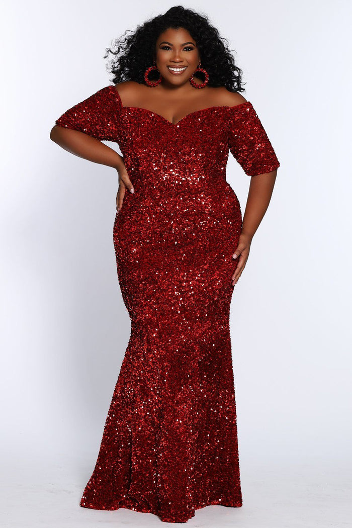 Johnathan Kayne for Sydney's Closet slim fitted silhouette with half sleeves and made with velvet sequin fabric available in cherry and indigo Spark Evening Gown JK2208
