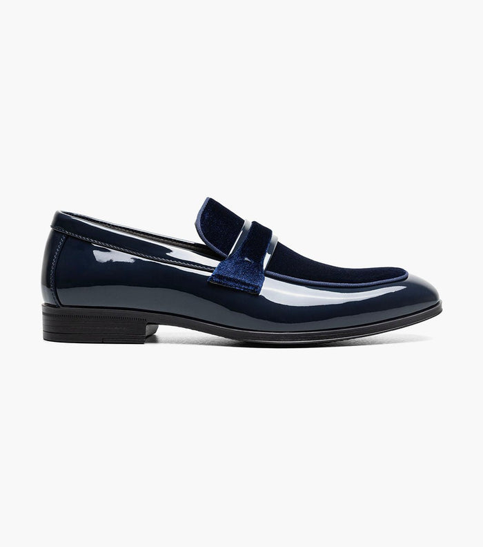Stacy Adams Spratley Navy Velour Patent Moc Toe Loafers - Upscale Men's Fashion