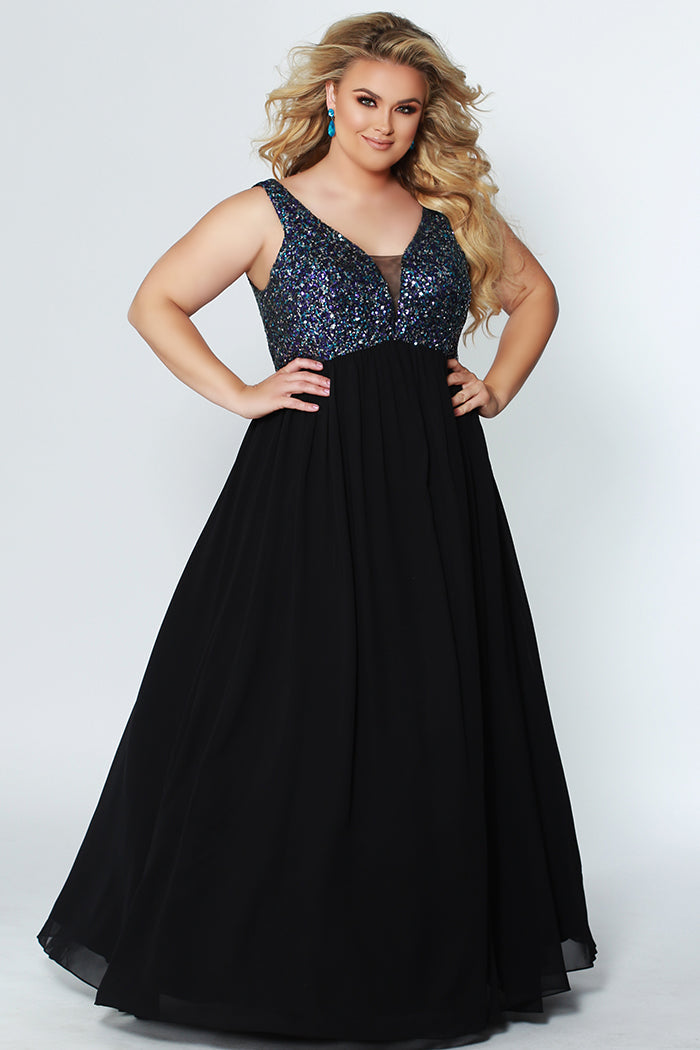 CE1813  has a V-neckline with illusion mesh net is heavily beaded and sequined on front and back. The dress is fully lined, with an A-line chiffon skirt. It's sleeveless, with bra-friendly straps
