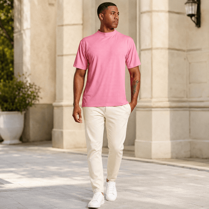 Summer Pink Ribbed Regular Fit Crew Neck T-Shirt - Upscale Men's Fashion