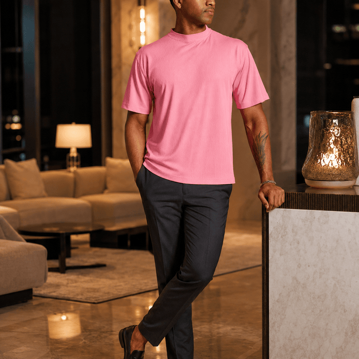 Summer Pink Ribbed Regular Fit Crew Neck T-Shirt - Upscale Men's Fashion