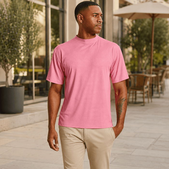 Summer Pink Ribbed Regular Fit Crew Neck T-Shirt - Upscale Men's Fashion