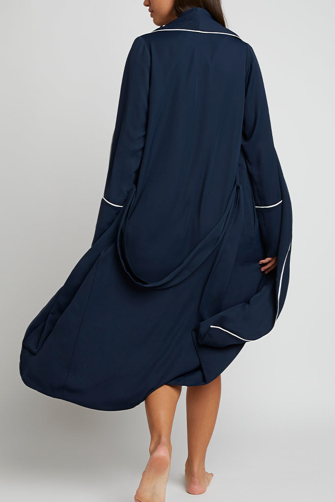 Navy classic robe with shawl collar, long sleeves, and white piping trim