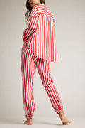 Red and white striped jogger pants, tapered leg and ankle cuffs