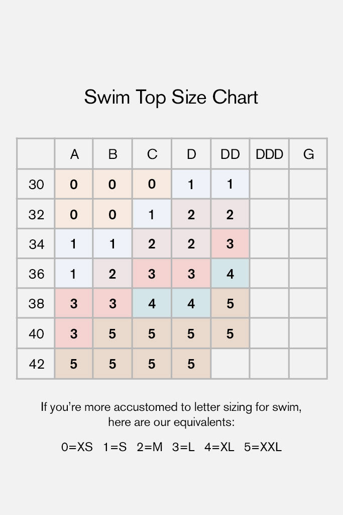 Swim crop top size chart with letter sizes and numerical conversions