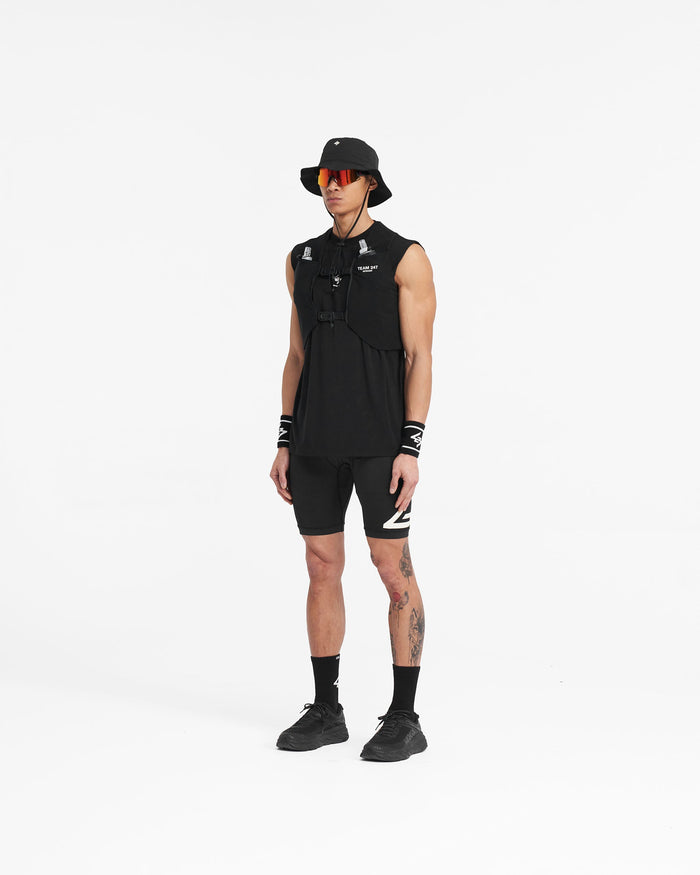 Front product image of a mens black chest rig on a plain white background | Team 247 Chest Rig in Black | Mesh chest rig with magnetic buckles and multiple pockets | 247 Accessories | Represent Clo
