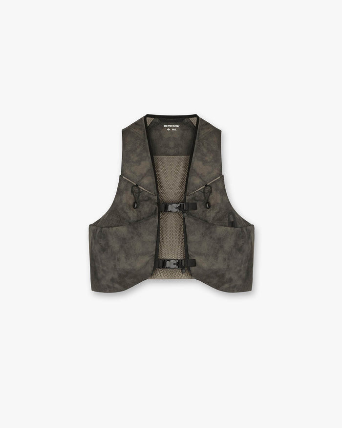 Front product image of a mens chest rig in buttercream on a plain white background | Team 247 Chest Rig in Terrain | Oversized fit loopback jersey with Cobrax popper | 247 Accessories | Represent Clo