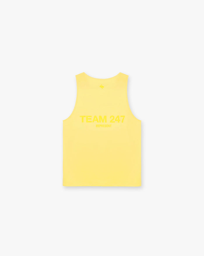 Back product image of a mens yellow running vest on a plain white background | Team 247 Run Vest in Lemon | Lightweight breathable running vest with Team 247 branding | 247 T-Shirts | Represent Clo