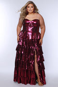 SC7405 by Sydney's Closet. Plus size strapless sweetheart metallic knit gown with exposed boning on bodice.  Tiered A-line skirt slit. Available in magenta pink, copper gold/brown and turq blue green.