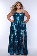 SC7405 by Sydney's Closet. Plus size strapless sweetheart metallic knit gown with exposed boning on bodice.  Tiered A-line skirt slit. Available in magenta pink, copper gold/brown and turq blue green.