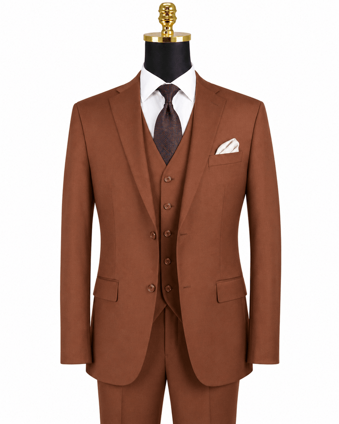 Torino Collection – Men’s Regular Fit Three-Piece Suit with Vest in Solid Cognac - Upscale Men's Fashion