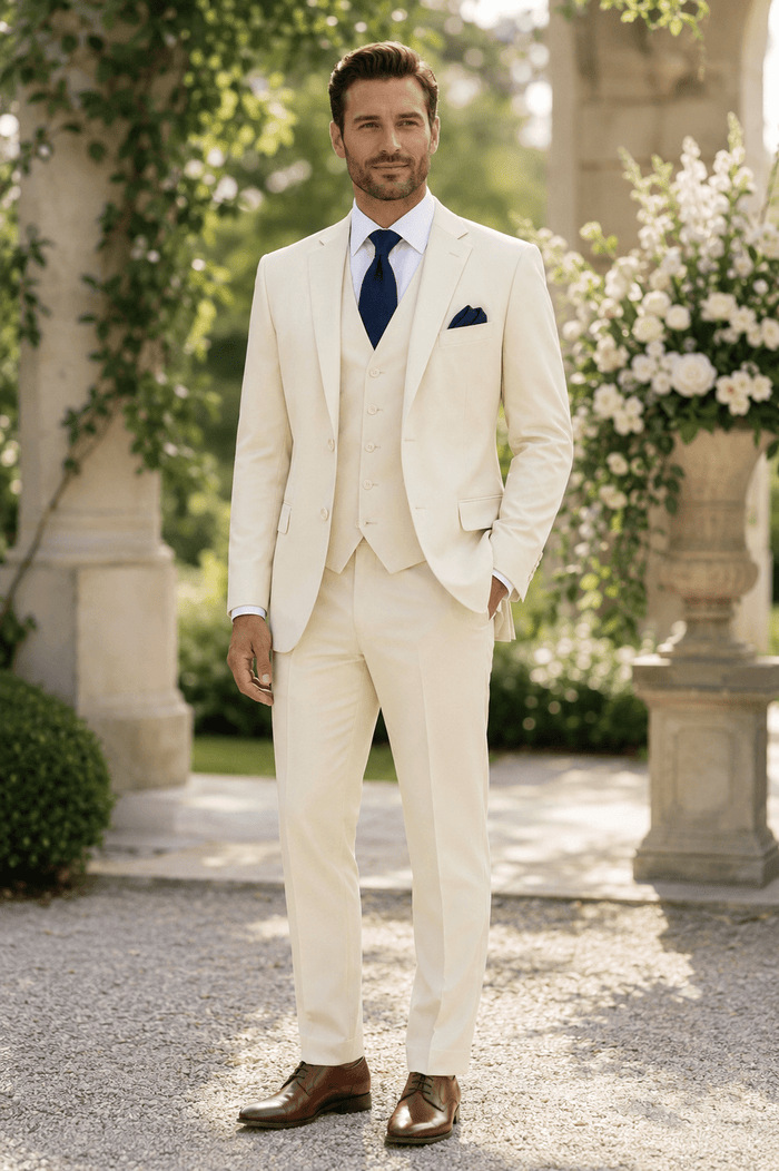 Torino Collection – Men’s Regular Fit Three-Piece Suit with Vest in Solid Ivory - Upscale Men's Fashion