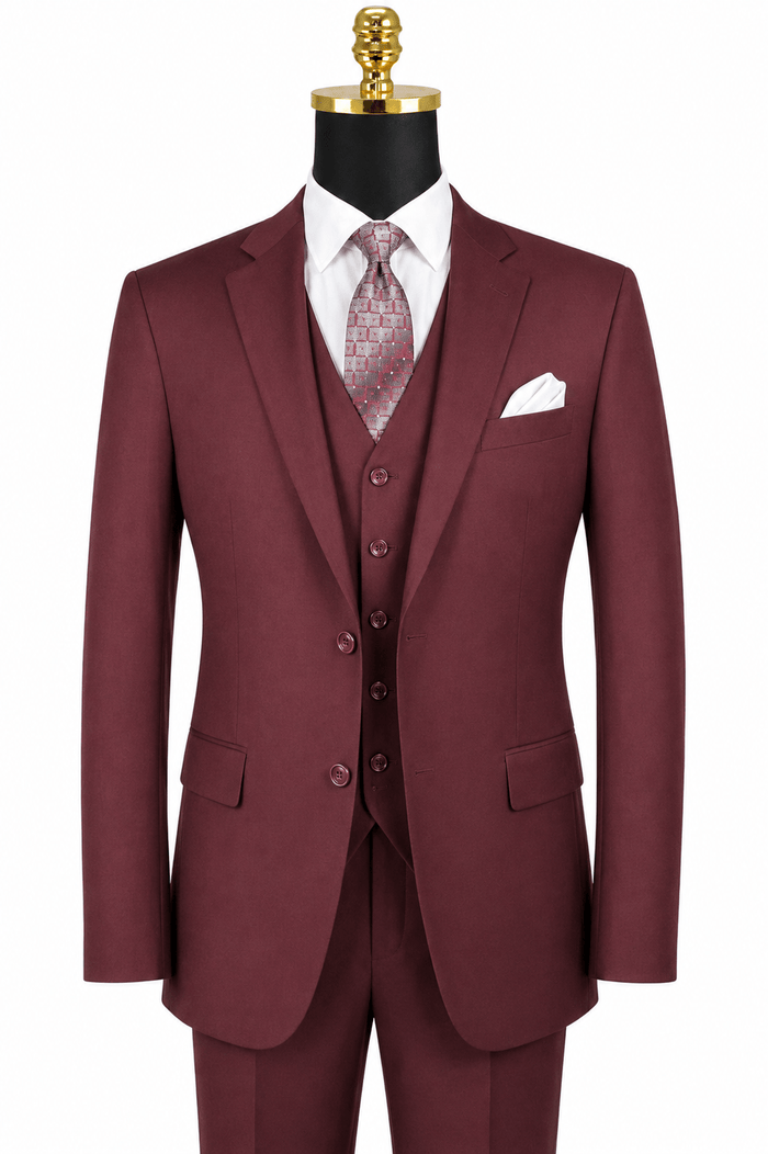 Torino Collection – Men’s Regular Fit Three-Piece Suit with Vest in Solid Maroon - Upscale Men's Fashion