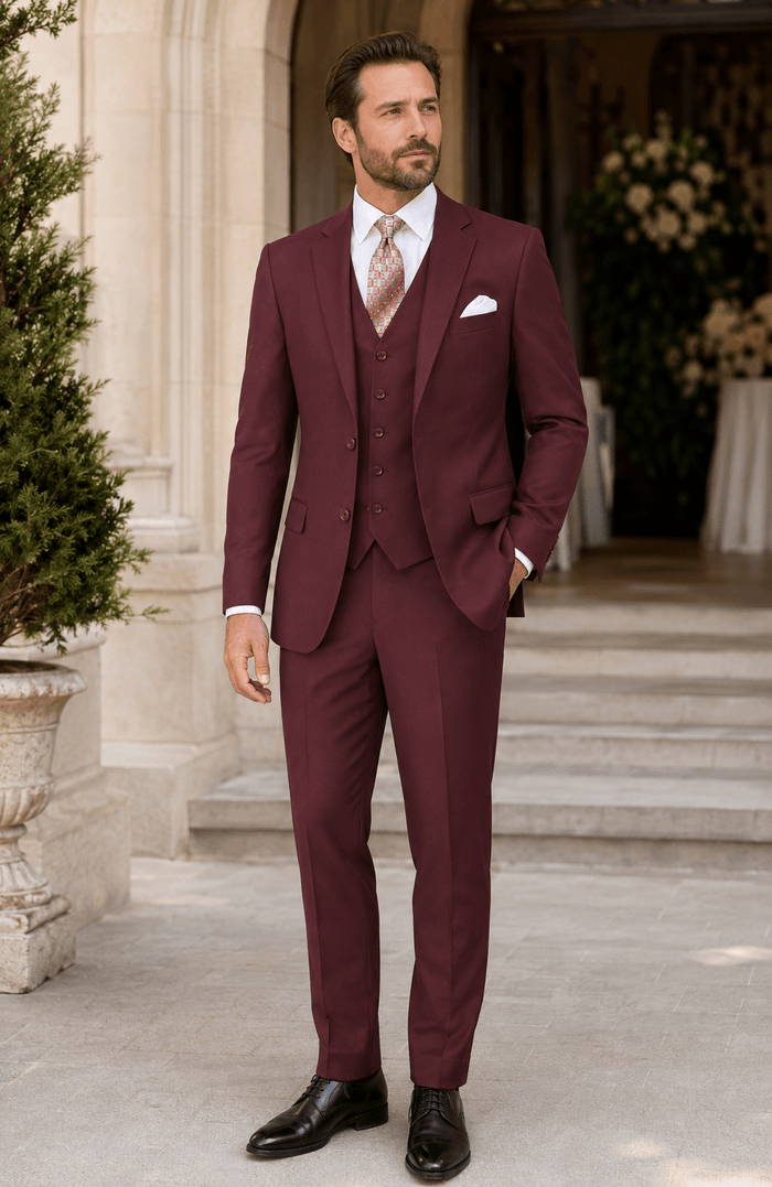 Torino Collection – Men’s Regular Fit Three-Piece Suit with Vest in Solid Maroon - Upscale Men's Fashion