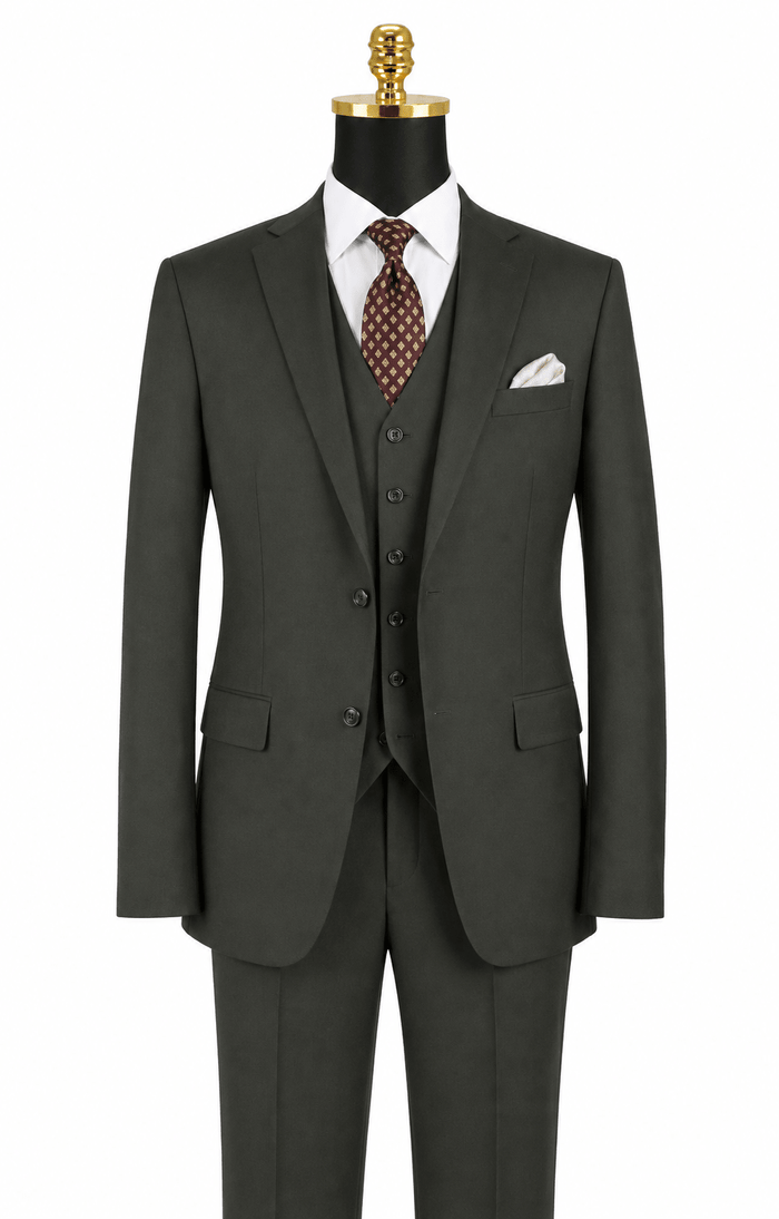Torino Collection – Men’s Regular Fit Three-Piece Suit with Vest in Solid Olive - Upscale Men's Fashion