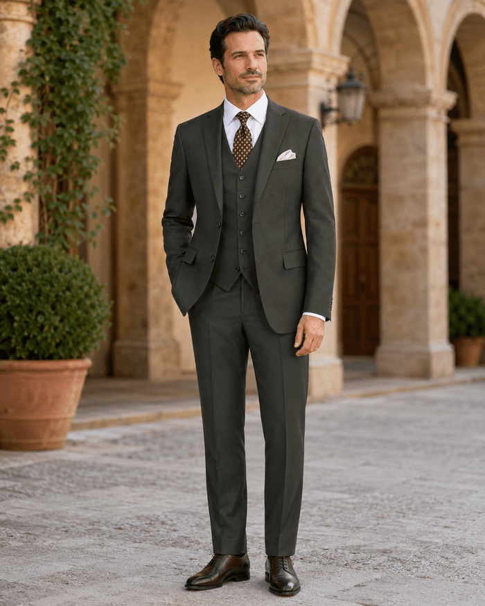 Torino Collection – Men’s Regular Fit Three-Piece Suit with Vest in Solid Olive - Upscale Men's Fashion