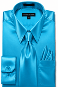 Turquoise Satin Dress Shirt Set with Matching Tie & Pocket Square - Upscale Men's Fashion