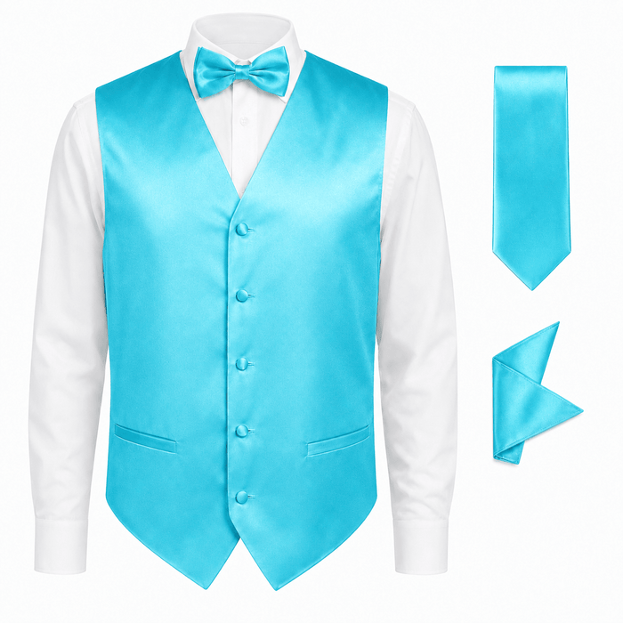 Turquoise Satin Tuxedo Vest Set - Upscale Men's Fashion