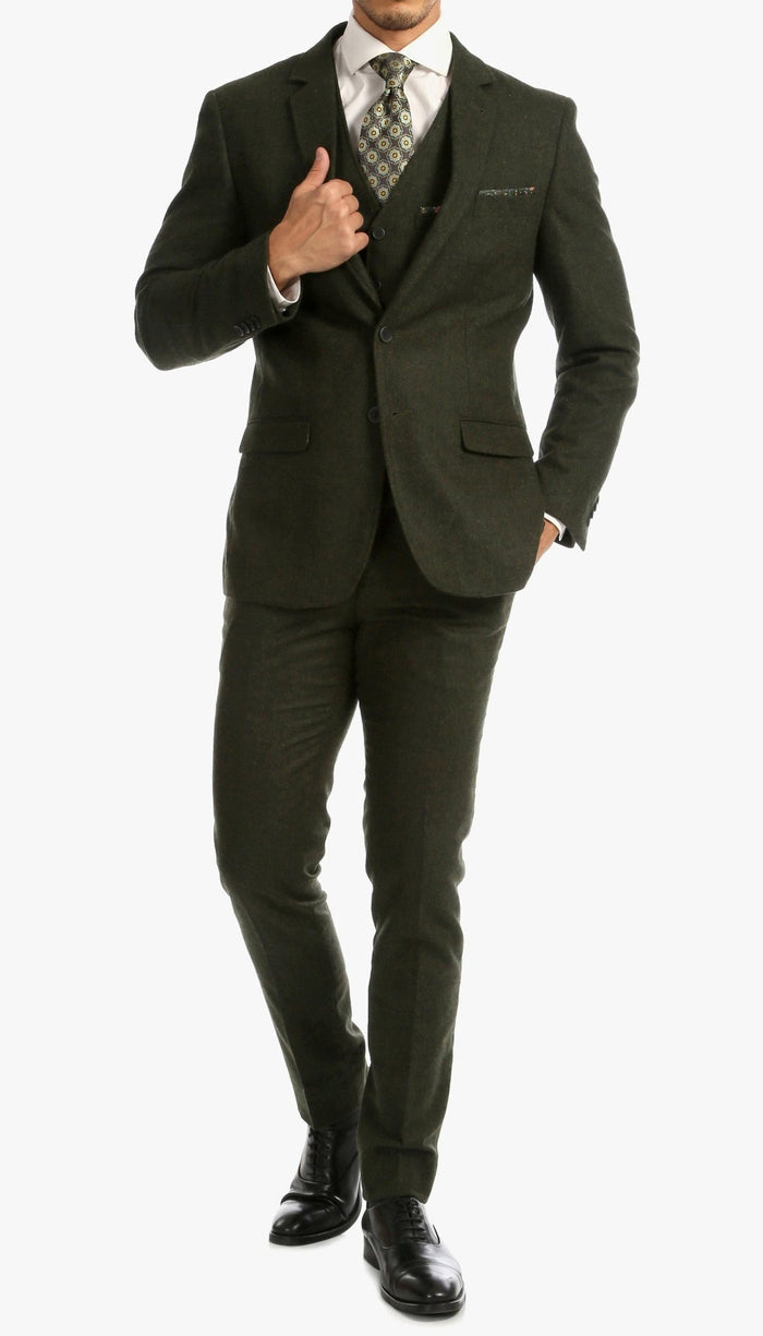 Tweed Men's Slim Fit 3 Piece Suit in Green - Upscale Men's Fashion