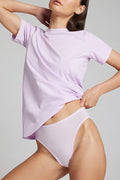 Lilac crew-neck uniform tee with short sleeves and slightly curved hem