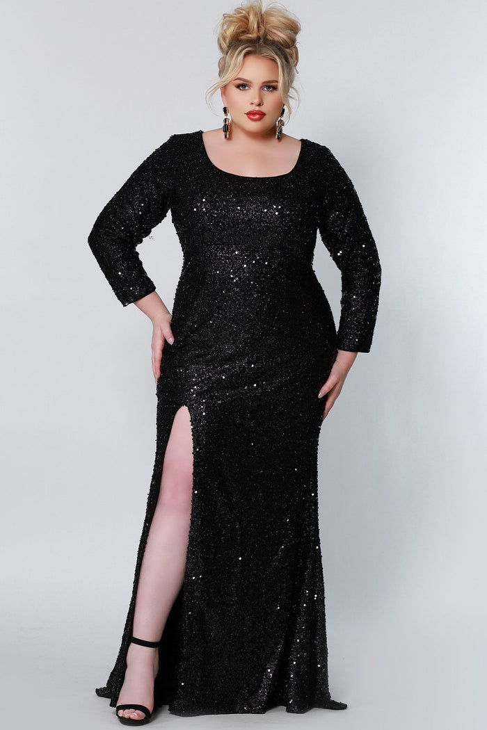 Sydney's Prom by Sydney's Closet fitted silhouette with scoop neckline long sleeves with zipper back and sequin fabric available in pearlescent, ruby, onyx and sapphire SC7320