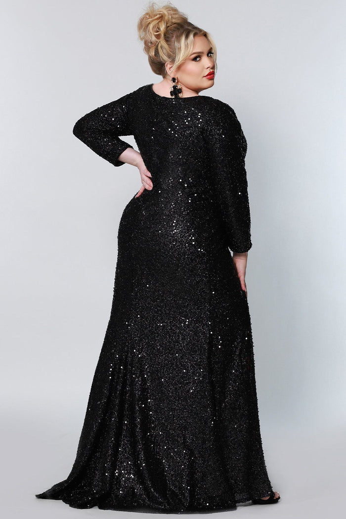Sydney's Prom by Sydney's Closet fitted silhouette with scoop neckline long sleeves with zipper back and sequin fabric available in pearlescent, ruby, onyx and sapphire SC7320