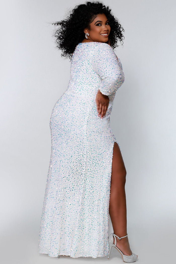 Sydney's Prom by Sydney's Closet fitted silhouette with scoop neckline long sleeves with zipper back and sequin fabric available in pearlescent, ruby, onyx and sapphire SC7320