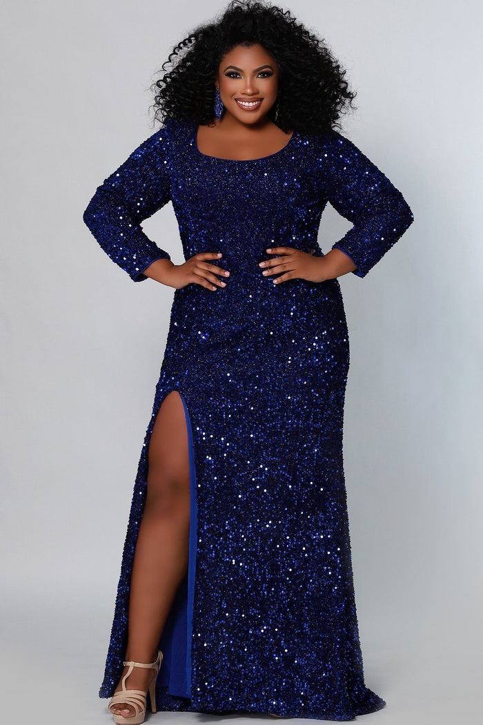 Sydney's Prom by Sydney's Closet fitted silhouette with scoop neckline long sleeves with zipper back and sequin fabric available in pearlescent, ruby, onyx and sapphire SC7320