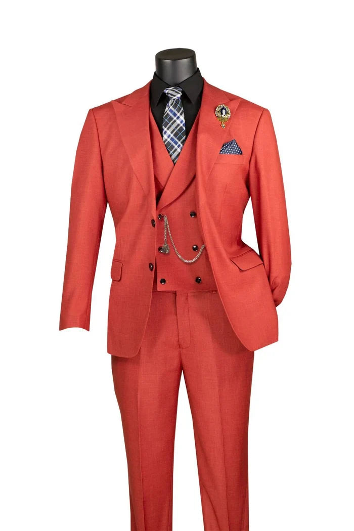 Vellaro Collection-Brick Red Modern Fit 3-Piece Suit with Lapel Vest & Adjustable Pants - Upscale Men's Fashion