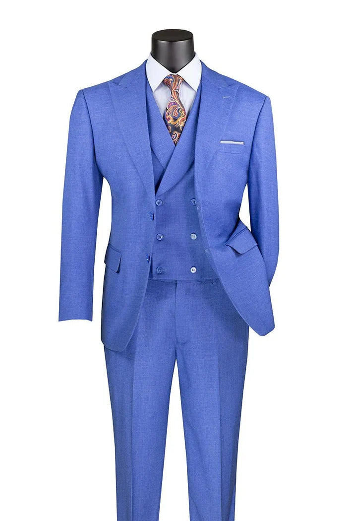Vellaro Collection-French Blue Modern Fit 3-Piece Suit with Lapel Vest & Adjustable Pants - Upscale Men's Fashion