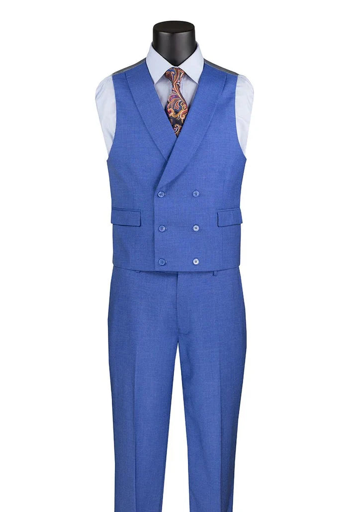 Vellaro Collection-French Blue Modern Fit 3-Piece Suit with Lapel Vest & Adjustable Pants - Upscale Men's Fashion