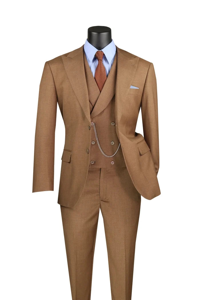 Vellaro Collection-Light Brown Modern Fit 3-Piece Suit with Lapel Vest & Adjustable Pants - Upscale Men's Fashion