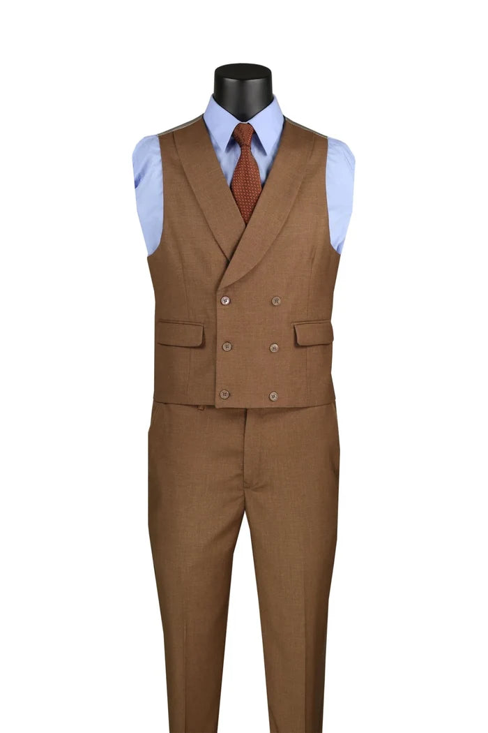 Vellaro Collection-Light Brown Modern Fit 3-Piece Suit with Lapel Vest & Adjustable Pants - Upscale Men's Fashion