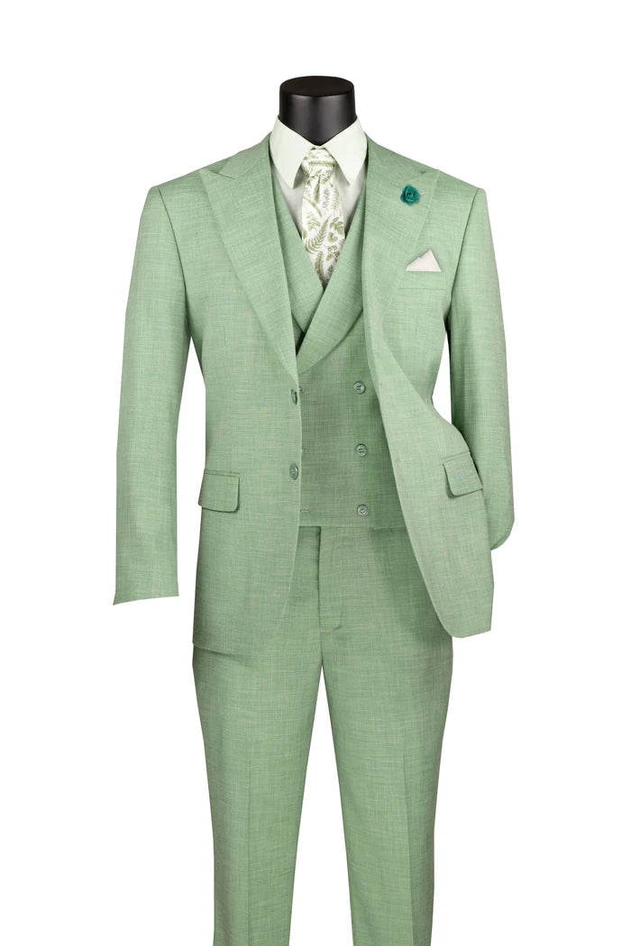Vellaro Collection-Light Green Modern Fit 3-Piece Suit with Lapel Vest & Adjustable Pants - Upscale Men's Fashion