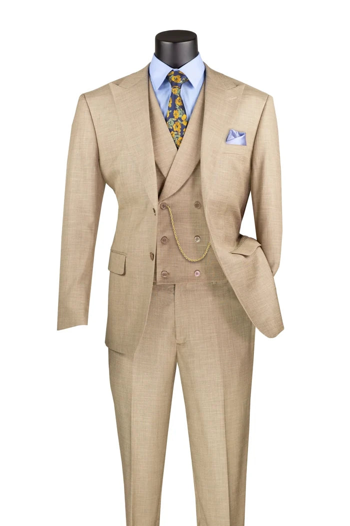 Vellaro Collection-Taupe Modern Fit 3-Piece Suit with Lapel Vest & Adjustable Pants - Upscale Men's Fashion