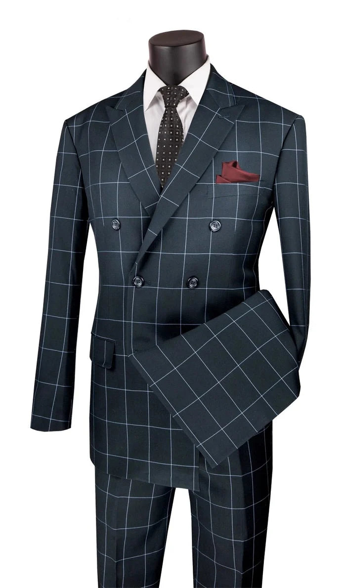 Verona Collection – Black Modern Fit Double-Breasted Windowpane Suit - Upscale Men's Fashion