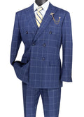 Verona Collection – Blue Modern Fit Double-Breasted Windowpane Suit - Upscale Men's Fashion