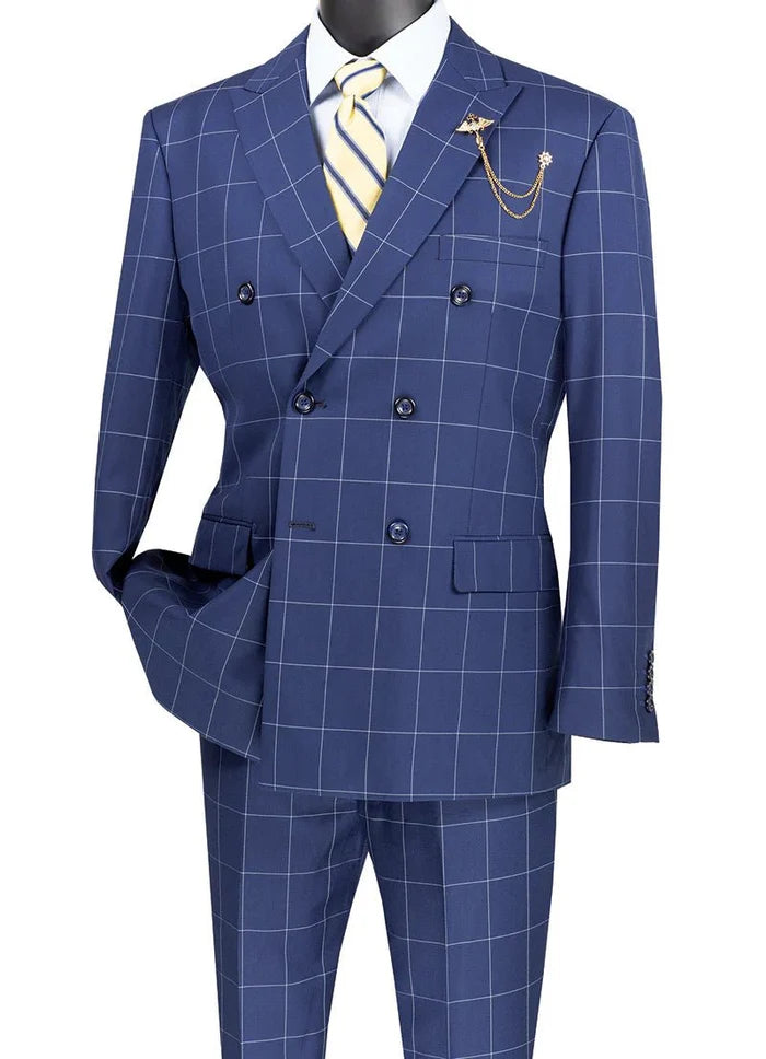 Verona Collection – Blue Modern Fit Double-Breasted Windowpane Suit - Upscale Men's Fashion