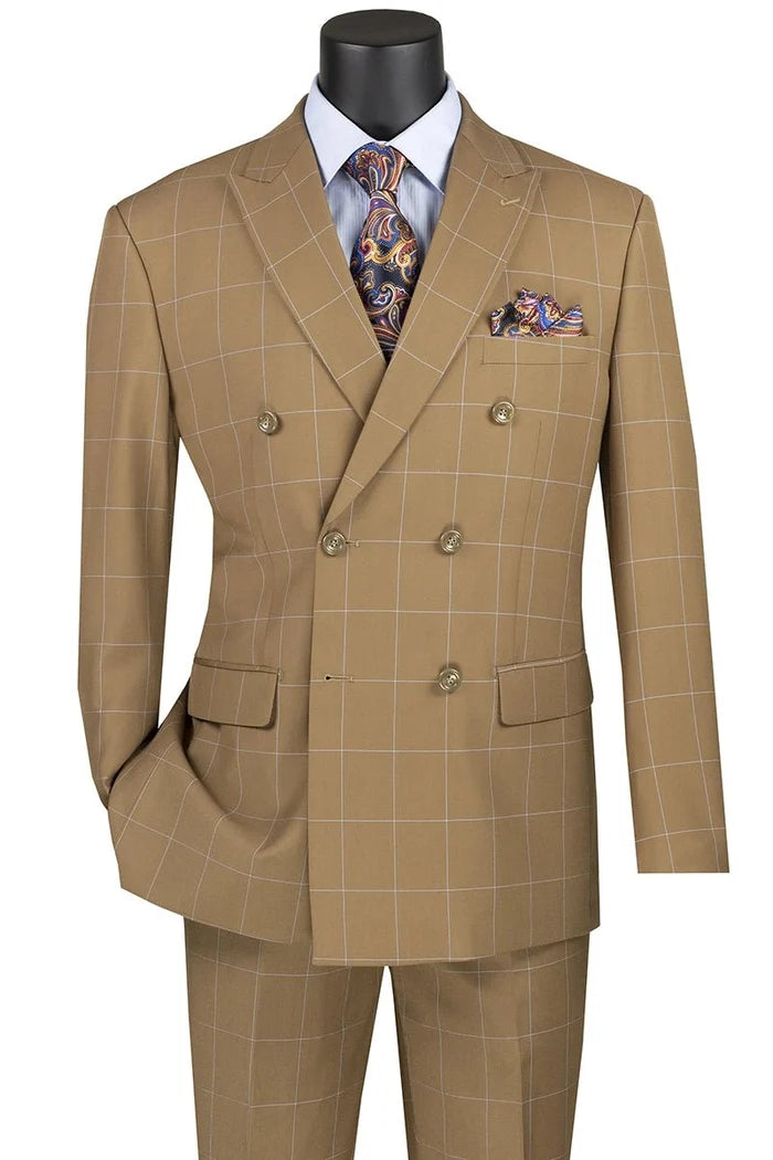 Verona Collection – Camel Modern Fit Double-Breasted Windowpane Suit - Upscale Men's Fashion